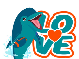 Graffiti “LOVE” in aqua, orange, white, and blue with side dolphin, football, and heart graphics. Energetic, urban design ideal for sport themes and youth-focused visuals.