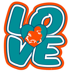 Love written in bold, rounded typography with a football player silhouette inside a heart. Orange, Aqua, white and blue sporty, perfect for fans and football-themed designs.