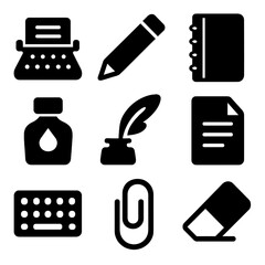 Writing Tools Icons. Solid, filled icon set of Writing: typewriter, pencil, notebook, ink, quill, letterhead, keyboard, paperclip,