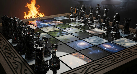 Fototapeta premium A cosmic chess game unfolds with galaxythemed squares and a fiery backdrop, symbolizing strategic battles