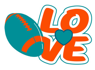 Love written in Aqua, orange, white and blue color with a heart at the center and a football Ball next to the text. Bold vector design in street art style, perfect for sporty, dynamic illustrations.