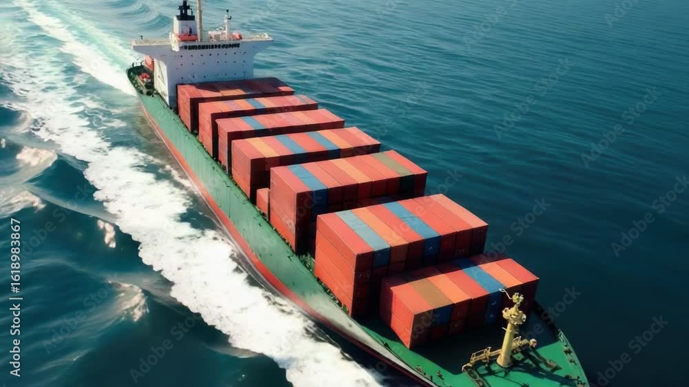 Poster a large container ship navigating through the open ocean