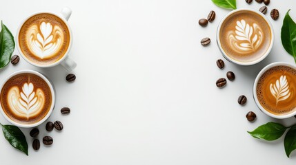 Stylish Coffee Cups with Latte Art and Coffee Beans on White Background
