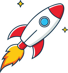 A colorful cartoon space rocket vector illustration launches into the sky