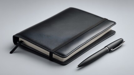 Elegant Black Leather Notebook and Pen Mockup for Business Branding