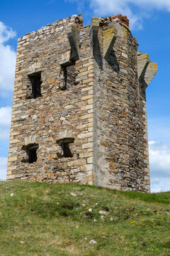 The Lonely Crohy Tower Ruin Overlooking Donegal&rsquo;s Wild Hills in Ireland Europe .
