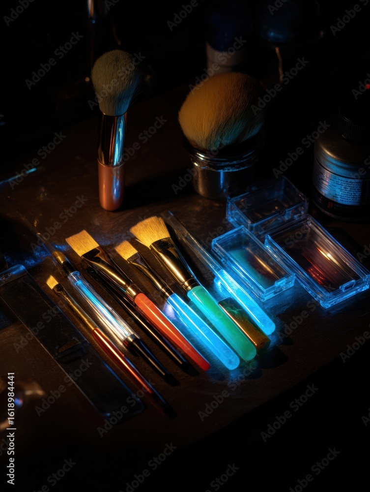 Poster cyberpunk makeup tools glow vibrantly in low light setting, showcasing an array of brushes and conta