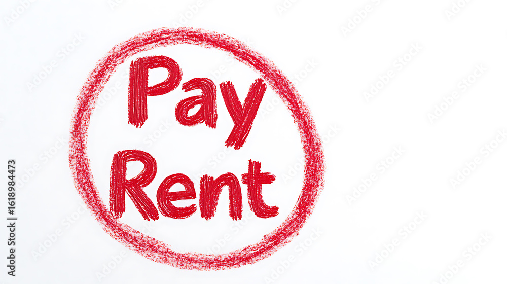 Poster a red handwritten message in a circle on a white background reads 'pay rent'. the visual is simple, 