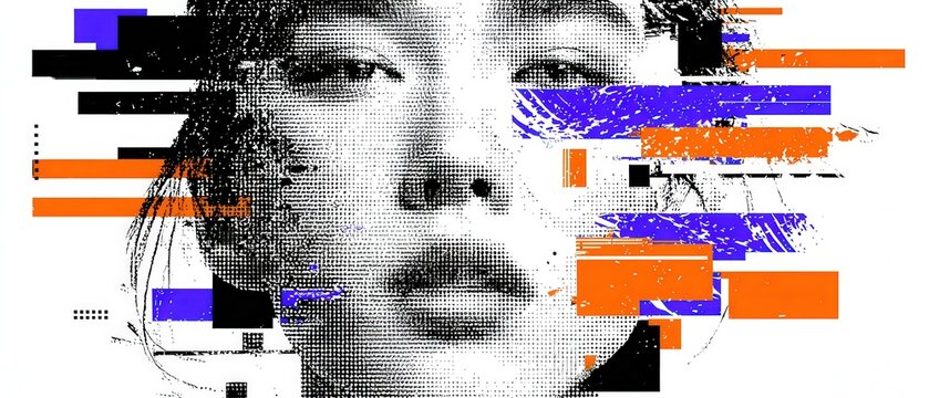 Abstract Asian woman portrait with glitch art effect in orange and blue Conceptual digital art of halftone face with geometric shapes for modern design