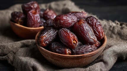 Ultra quality image of big luxury dried date fruit in bowls on a linen napkin, date concept with empty copy space for text.