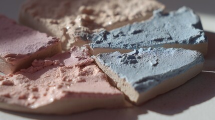 Close-up of Broken Pastel-Colored Makeup Palette Pieces