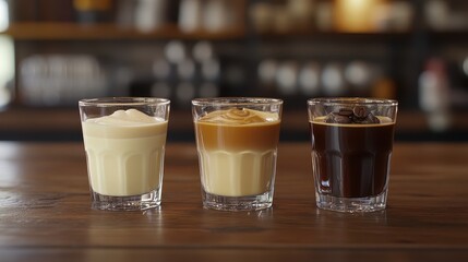 Stylized Coffee Drinks in Glasses on Wooden Table