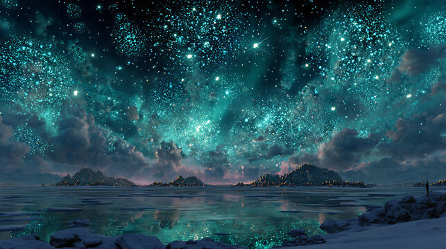 Amazing aurora borealis sky over frozen lake landscape wallpaper background in high definition