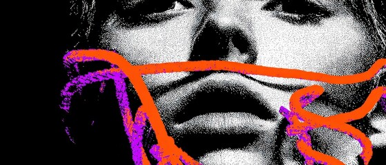 Abstract closeup of a white womans face with orange and purple paint, creating a bold and artistic statement Concept of creativity, expression, and modern art