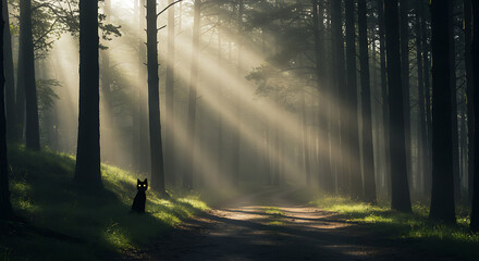 Eerie Forest Path With Sunlight Streaming Through Trees and a Mysterious Black Cat With Glowing Eyes Watching