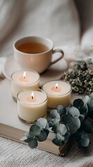 Cozy Hygge Atmosphere Candles, Tea, Book, and Eucalyptus