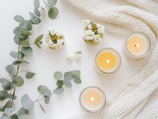 Cozy Hygge Aesthetic Candles, Eucalyptus, Flowers, Knit Blanket
