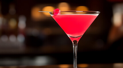 Elegant pink cocktail in a martini glass, garnished with a vibrant red cherry, standing against a softly blurred background. A classic indulgence.