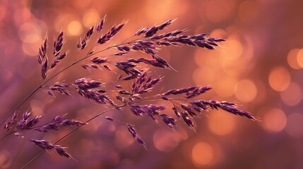 Purple Grass Blades in Golden Sunset Bokeh Background