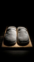 Pair of White Linen Slippers on Wooden Platform Minimalist Home Comfort