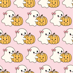Cute Ghost Hugging Pumpkin vector illustration. Halloween theme. seamless pattern. pink background.