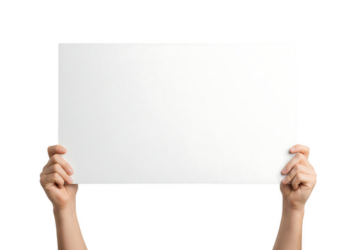 Two hands holding up a large blank white horizontal poster for your text. Isolated on transparent background, png