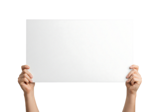 Two hands holding up a large blank white horizontal poster for your text. Isolated on transparent background, png
