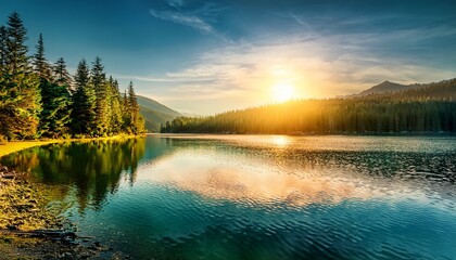 sunset lake serene forest scene