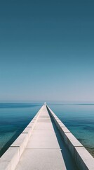 Serene Seascape Minimalist Pier Extending to Calm Ocean under Clear Blue Sky