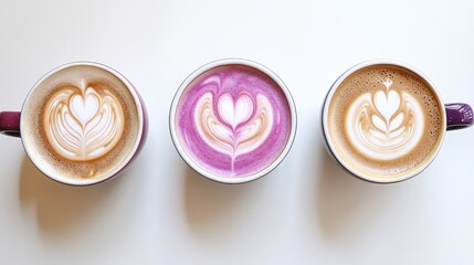 Three Attractive Coffee Cups with Latte Art on White Background