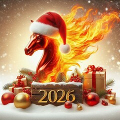 A flaming horse head in a Santa hat surrounded by festive decor—gifts, ornaments, snowy pine branches—and a golden "2026" sign. Bold, surreal, and holiday-themed.
