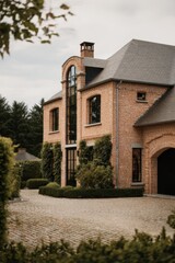 Fototapeta premium Elegant brick house situated in a serene garden setting with well-maintained landscaping during overcast afternoon lighting
