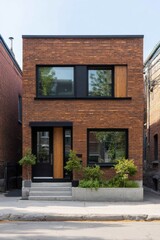 Obraz premium Modern urban house with brick facade and large windows located on a quiet street in a residential neighborhood during bright daylight