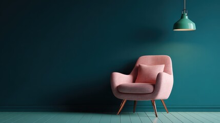 Ultra quality image of pastel pink armchair rests against a deep teal wall, illuminated by a soft green pendant lamp, creating a calming and sophisticated atmosphere.
