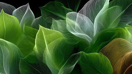 A close-up of a background composed of various shades of green leaves with wavy lines
