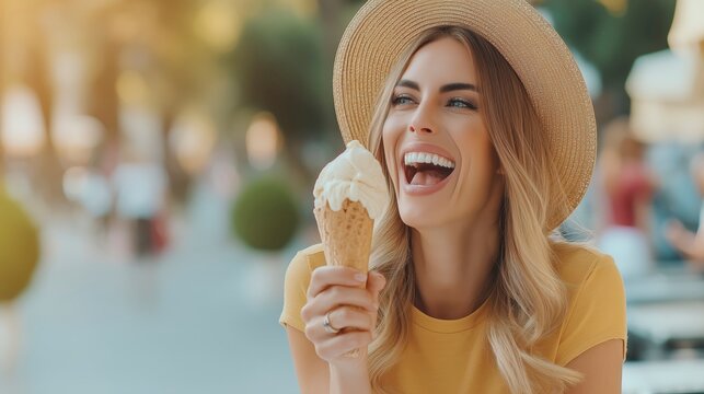 Woman Enjoys Ice Cream Cone While Smiling Outdoors in Sunny Location - Powered by Adobe