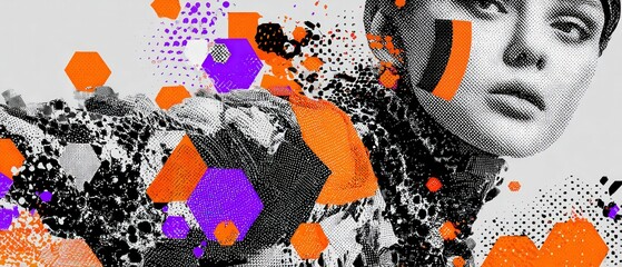 Abstract halftone portrait of a young woman with geometric shapes in orange and purple, creating a modern and surreal artistic design