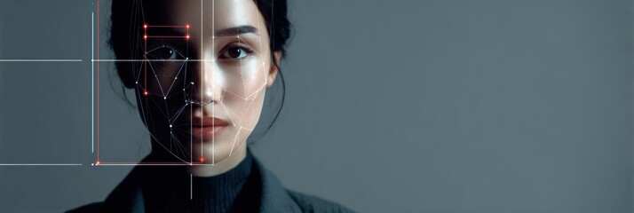 AI Face Scan Technology Detecting Issues on a Neutral Tech Background With a Face Grid Overlay
