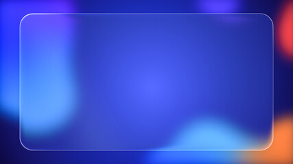 Transparent rounded rectangle liquid glass frame background, realistic glassmorphism user interface, abstract empty frosted plate on blue fluid gradient backdrop, blurred UI design illustration