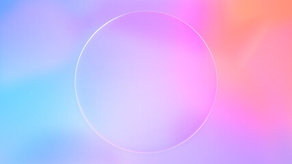 Beautiful transparent circle glass frame background, realistic blank liquid glassmorphism user interface, abstract empty frosted plate on pink colorful gradient, blur UI display design illustration