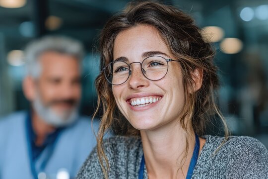 Smiling female Healthcare Worker Wearing Scrubs And Stethoscope Talks With Colleague At Hospital During Evening Shift, Both In Blue Uniforms
