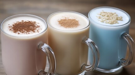Three Colorful Beverages in Clear Glass Mugs with Tasty Toppings