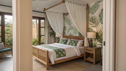 Experience serene tropical vibes in this luxurious villa bedroom with modern design and lush garden views for an unforgettable vacation getaway