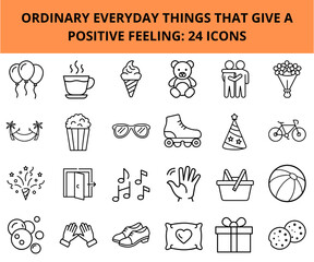 Everyday items that evoke positive emotions in a conceptual icon set  