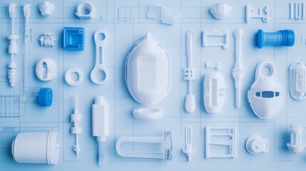 3D Printed Prototypes on Blueprint Background, Manufacturing, Design