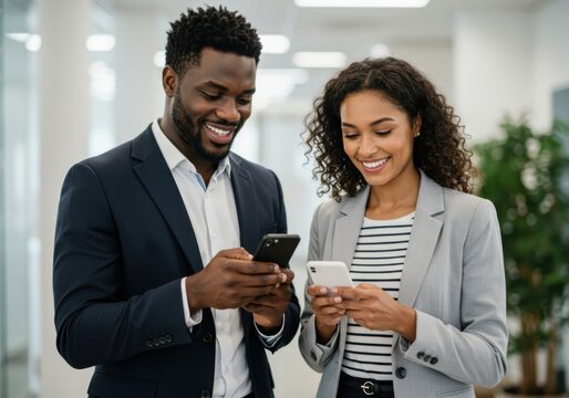 Two smiling professionals a man and a woman engaged with their mobile phones in a modern office environment sharing a moment of connection