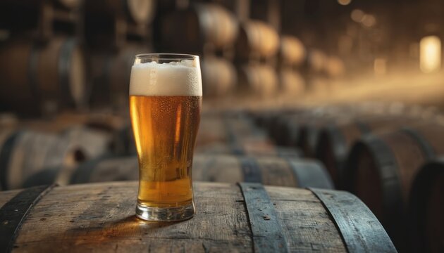 Golden beer in glass rests on rustic wooden barrel. Brewery background shows rows of aged wood barrels, suggesting fermentation, storage. Amber ale, frothy head, craft beer enjoyment, pub tasting, - Powered by Adobe