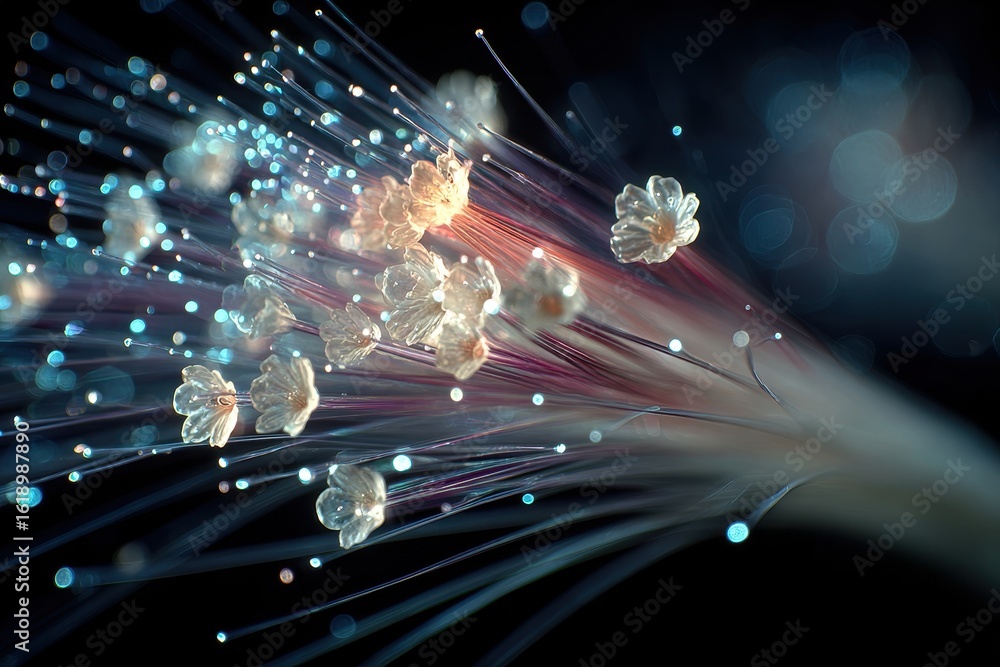 Aufkleber close up view of fiber optic cables creating an abstract pattern with glowing ends, against a teal a