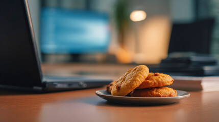 A plate of cookies sits on a wooden table in front of a laptop