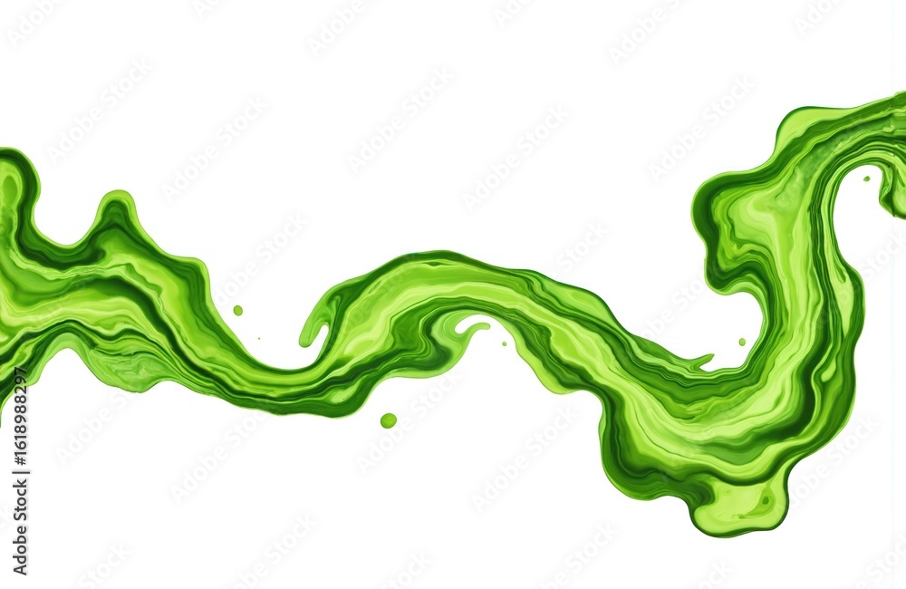Poster abstract wavy flow of vibrant green paint on white background. fluid dynamics, smooth texture create